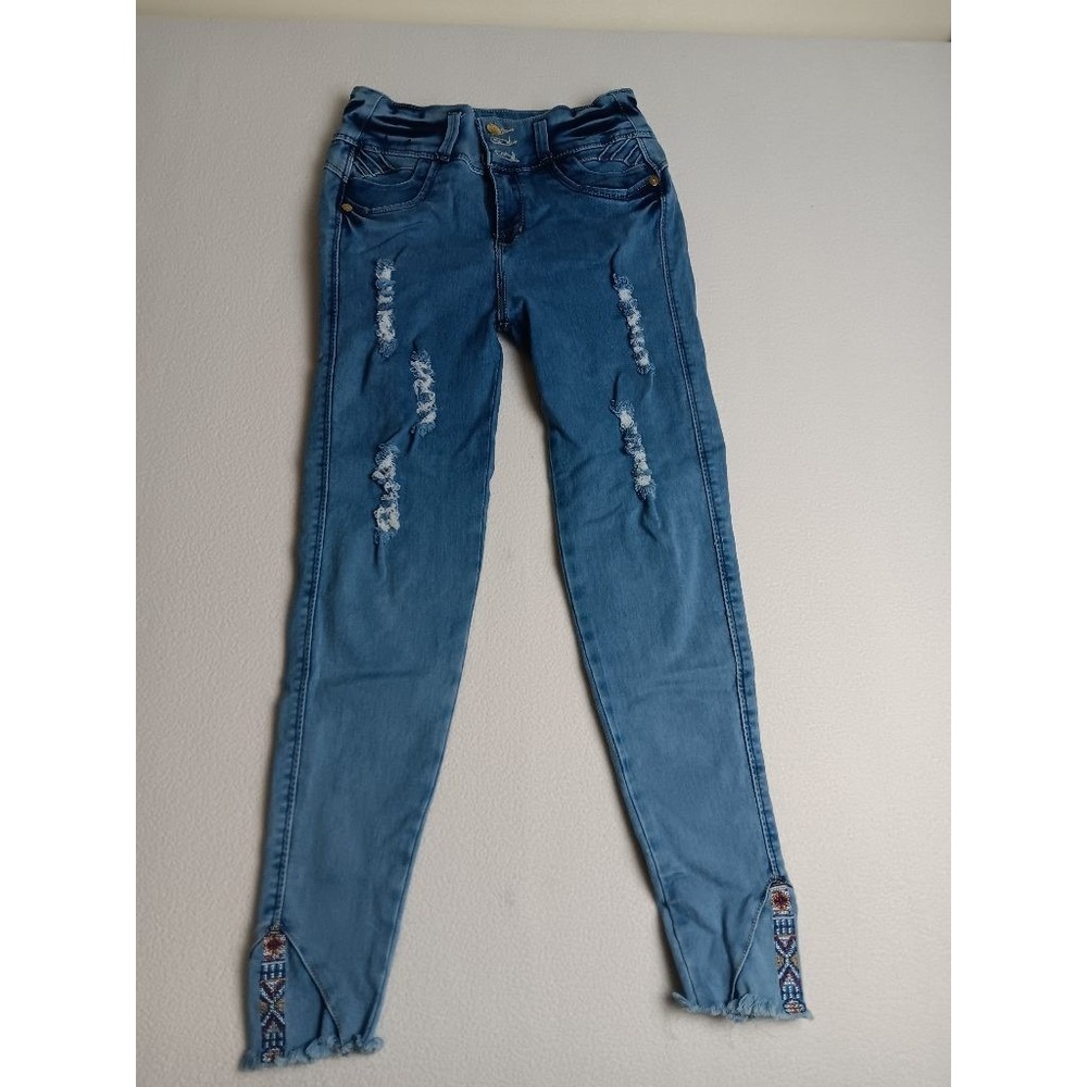 Bon Bon Up Women's Skinny Jeans Size 10 Aztec Trim Butt Lift Distressed Blue